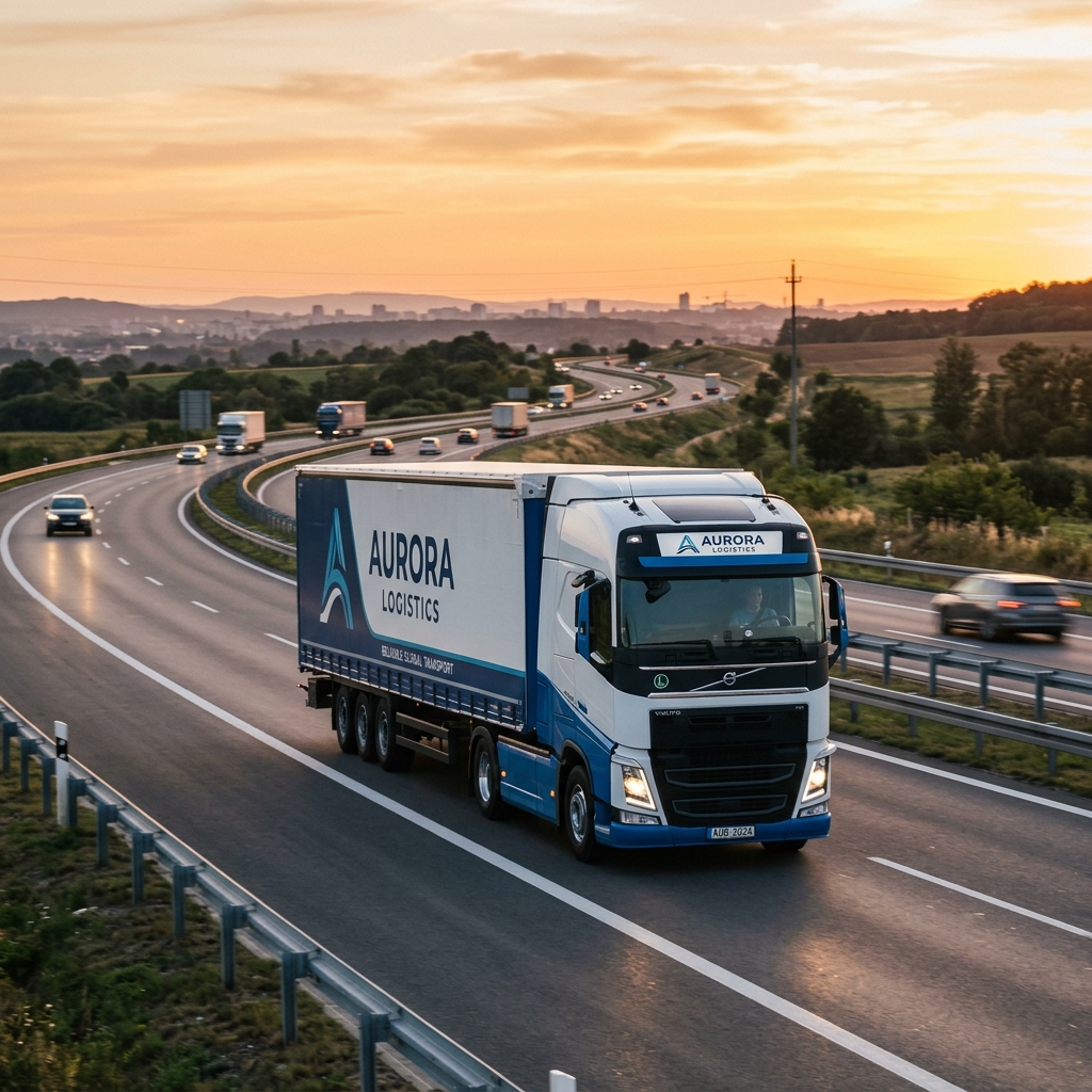 A modern logistics transport truck driving on a clean highway